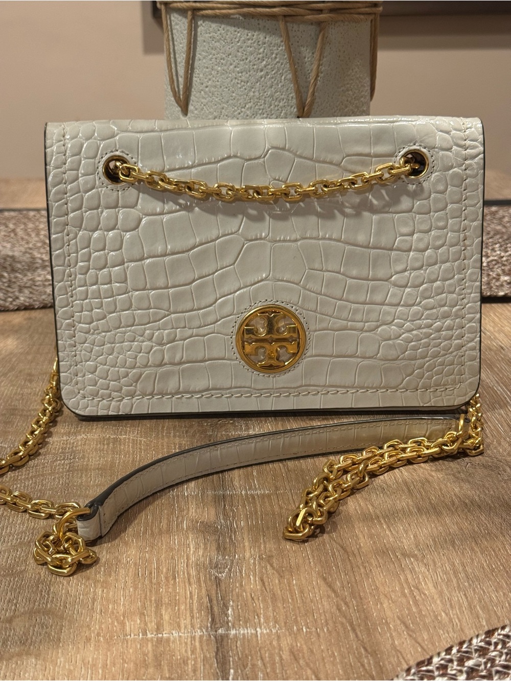 Tory Burch White Croc-Embossed Chain Crossbody with Gold Hardware